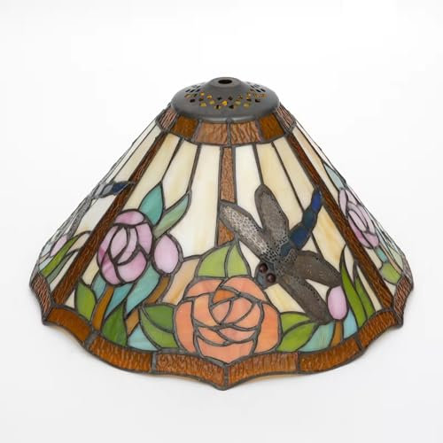 AIBOTY Rose Blume Libelle Schatten Ersatz für Tischlampe Hängelampe, Deckenleuchte, 12 Zoll Tiffany-Stil Beige Rosa Grün Buntglas Mission Lampenschirm für Schreibtischlampe Stehlampe