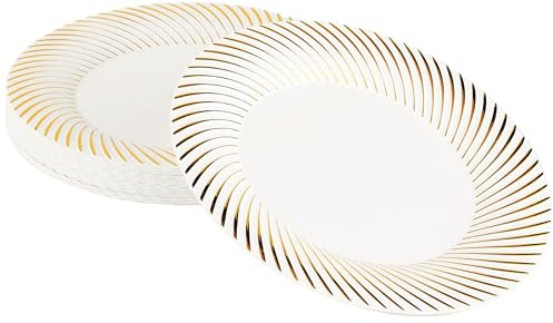 MATANA 60 Premium White Plastic Dinner Plates with Gold Rim, 25cm / 9.8 Inch - Elegant & Reusable Party Plates for Weddings, Birthdays, Picnic, BBQ, Parties