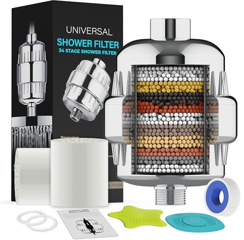 34 Stage Shower Filter for Travelling Asia Universal Shower Head Hard Water UK, Water Softener Filter Shower Head Softener with 2 Replaceable,Removes Chlorine, Fluoride (UK Suppliers)