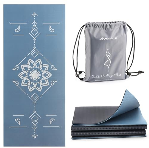 Avoalre Travel Yoga Mat Foldable | 6mm Thick Large Pilates Mat Print | Non-Slip High Density Floor Exercise Mats for Home Workout | Eco-Friendly Folding Fitness Mat for Women Men with Carrying Bag