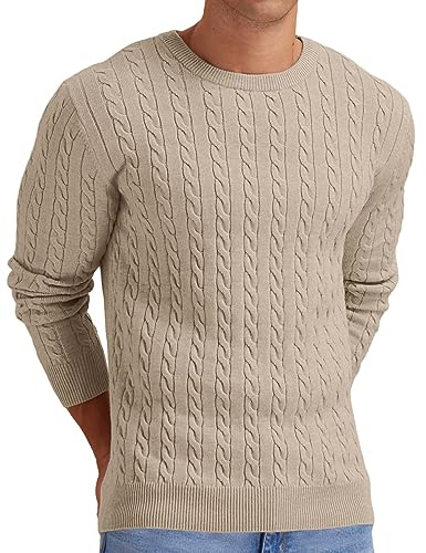 Sailwind stickad tröja för män med rund hals tröja herr flätad stickad långärmad vintertröja tröja herr, kaki, XL