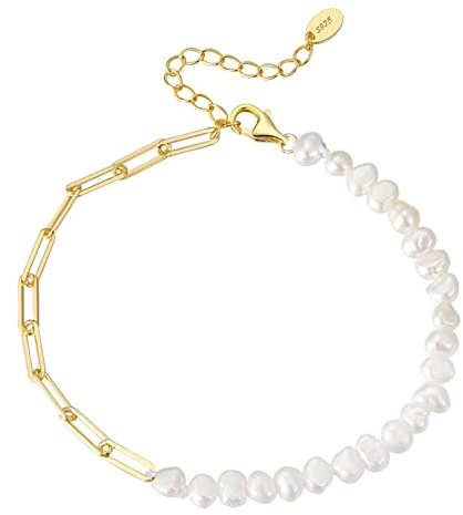 Bellitia Jewelry Pulsera de Perlas de Mujer Cultivadas de Agua Dulce Barrocas de 21 cm de Largo, Brazalete de Plata de Ley 925