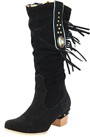 Stiefeletten Damen Mit Absatz Elegant Quasten - Schlupfstiefel Blockabsatz Winterboots Vintage Reitstiefel Langschaft Kniehohe Stiefel Wildleder Winterboots Casual High Heels Stiefel