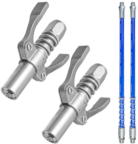 Hevysuo 2 Stück Fettpresse Mundstück,Doppelgriff G Coupler für Fettpresse Metallle,Coupler mit Schlauch 30cm für Kegel-Schmiernippel Fettpresse für Standard M6/M8/M10/M12/M14,Silber