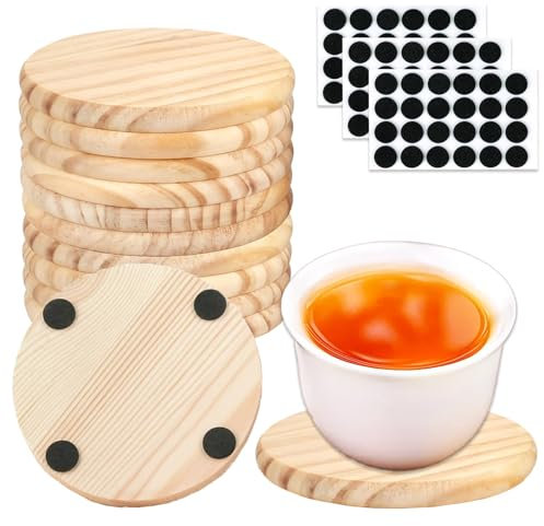 12 Stück Untersetzer Holz, 4 Zoll Gläser Holz Blanko Natur mit 72 Anti-Rutsch Pads, Holzuntersetzer Rund für DIY Architektur Modelle Holzgravur