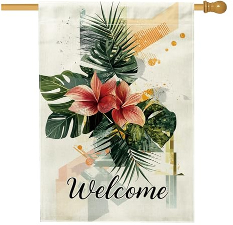 Bandiera da giardino tropicale di benvenuto, con foglie di giglio rosso, decorazione per la casa all'aperto, decorazione per la casa, in iuta su entrambi i lati, 71 x 101 cm