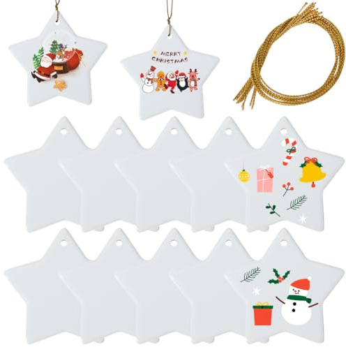 SOFPLATE 12 Stück Keramik Stern Ornamente Blanke Sublimations Ornamente Mit Jute Kordeln Weißes Porzellan Wärmeübertragung Personalisierte Hängeanhänger Schilder Für Weihnachtsbaum Hochzeit DIY Bastel