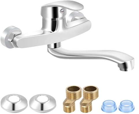 Strixorn Grifo de cocina montado en la pared | Grifo giratorio de acero inoxidable 360° con salida de 25 cm | Grifo monomando frío y caliente / conexión G1/G2 G3/G4 | Grifo montado en la pared