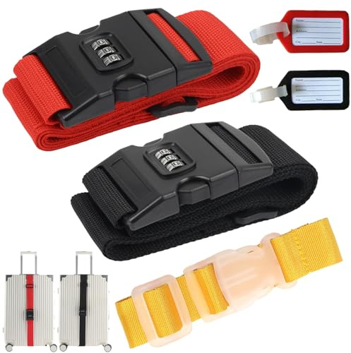 LaresDay 5-teilig Premium Koffer Set: 2X Verstärkter Koffergurt mit Zahlenschloss + 2X Robuste Namensschilder + 1x Stabiler Kofferhaken für Sichere, Organisierte Reisen & Flughafen Gepäck