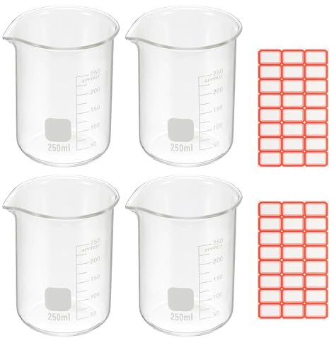 PATIKIL 250ml Glass Beaker, 4 Pack Measuring Glass Beaker Graduated Borosilicate Lab Cups Mug Low Form Heat Safe Transparent with Spout Label for Laboratory Science Kitchen Liquids