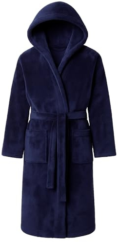 Adore Home Mens Hooded Fleece Dressing Gown Soft Cosy Warm Bathrobe Hood, Navy Blue, S-M