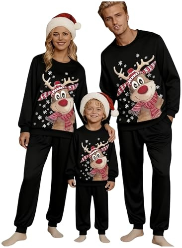 Generisch Christmas Sweater, Weihnachtspullover Familie Set Damen Herren Kinder Lustig Weihnachtspulli Ugly Christmas Weihnachten Sweater Rundhals Unisex Weihnachts Weihnachtsoutfit Schwarz S