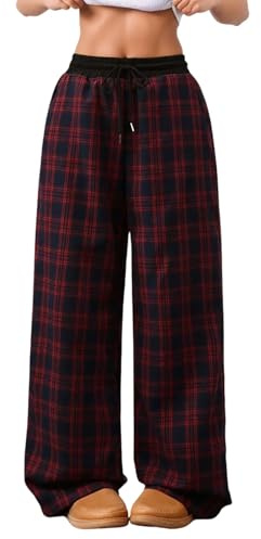 Celanisai Pantalon à carreaux pour femme - Élégant - Jambes larges - Pantalon de loisirs - Taille haute - Pantalon bouffant avec cordon - Grandes tailles - Pantalon en tissu avec élastique Y2k