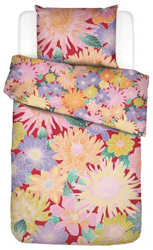 ESSENZA Bettwäsche Flower Fling Happy Red Rot Blumen Blüten Dahlien Bunt Wendesign Baumwolle Perkal, Größe:135 cm x 200 cm