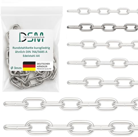 DSM | rund stålkedja kort länk. DIN 766/5685 A | 3 mm Ø | rostfritt stål A4 | rostfritt och korrosionsbeständig | lämplig för utomhus, trädgård, båt och industri | brottbelastning 440 kg | 5 m