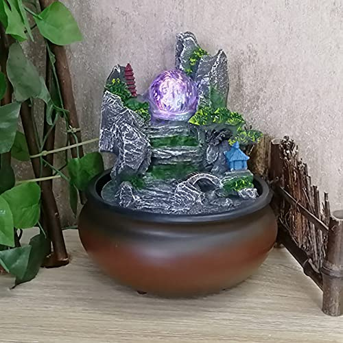TESUGN Zimmerbrunnen Wasserfall, Tischbrunnen Wasserfall mit LED Beleuchtung, Zimmerbrunnen aus Kunstharz, Ornament für Indoor Home Office Desktop Dekoration