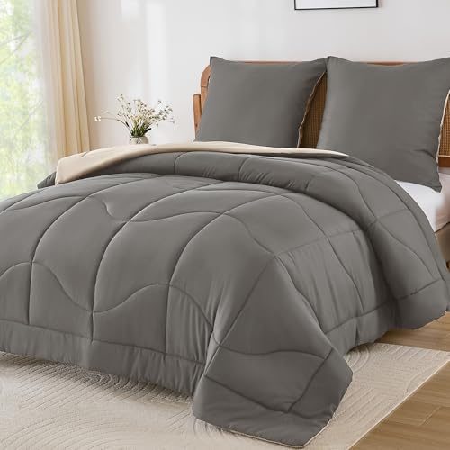 WONGS BEDDING Bettdecke Ohne Bezug 135x200 - Bettdecke Ganzjährig Decke | 300 GSM Dreh Schritt Decke135x200 Einfache Pflege & atmungsaktive Schlafdecke mit 1 Kissendecke 80x80cm, Hellgrau&Dunkelgrau