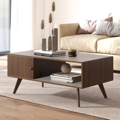Manora Table Basse Bois, Scandinave Table Moderne Table Basse avec Rangement Table Salon, Pas de Coins, Facile à Monter, Très Solide (Noyer)