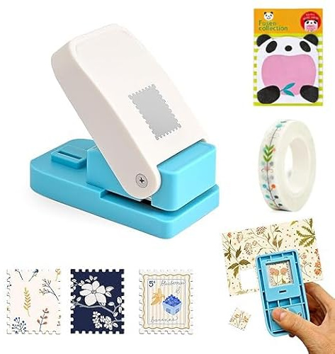 Rechteckiger Briefmarken Stanzer 2,5 x 2 cm, Hebel-Stempelstanzer mit 1 Rolle Klebeband und Panda-Haftnotizen, Papierstanzer für Papierbasteln, Scrapbooking, DIY Kartenherstellung Geschenkkarten