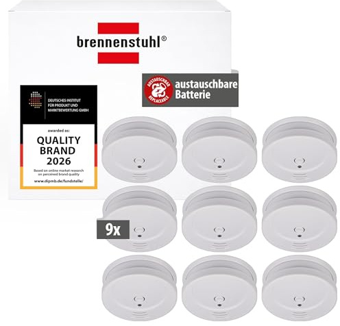 Brennenstuhl rökdetektor SET, 9x RM C 9010 med utbytbar batteri (testad enligt EN 14604, genomträngande larmsignal) vit