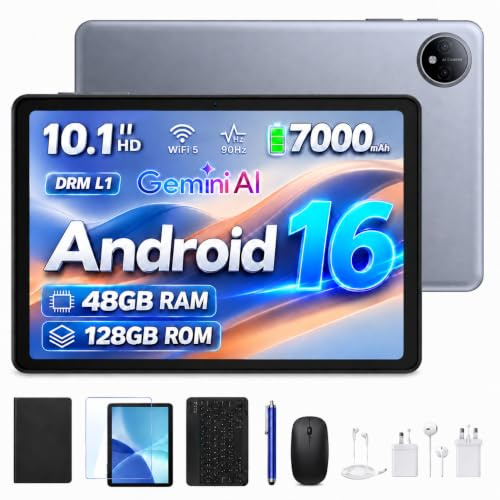 Luzglo P10 Tablet Android 16, Tablet 10 Pulgadas 48GB RAM+128GB ROM/2TB TF, Gemini AI, 90Hz Screen, 7000mAh, 5W OTG, 5G WiFi, Face ID, OTG, GPS, 3.5mm, Widevine L1, Tableta con Teclado y Lapiz, Gris