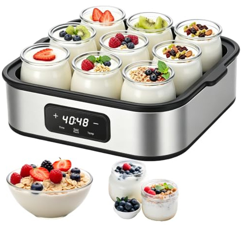 Yogurtera con pantalla táctil, 9 tarros de vidrio de 180 ml | Temperatura ajustable 20–55 °C y temporizador 1–48 h, para yogur natural, griego y fermentados caseros