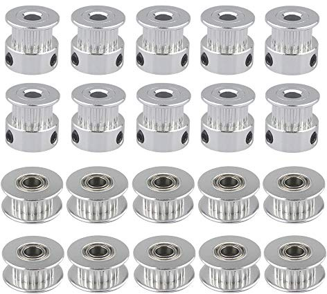 QitinDasen 20 st premium aluminium GT2 remskivsats, 20 tänder 5 mm inre borr, 10 st kamremskiva + 10 st kambälte tomgång, för 3D-skrivare 6 mm bredd kambälte