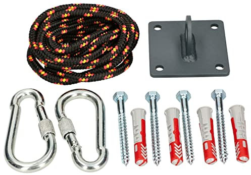 KOTARBAU® Kit de Montaje para Columpios: Cuerda, mosquetones de Seguridad, una Base metálica de Soporte y Tornillos con Tacos, Gancho para Columpio, Gancho con Cuerda, Montaje de Columpio, Hamaca