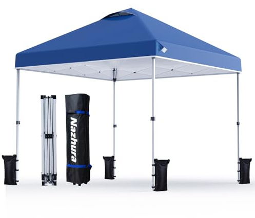 Nazhura 10' x 10' Pop Up Canopy Tent with Sand Weight Bag, Freestanding Sun Shelter for Picnic and Camping, One Person Setup and Height Adjustable (Blue)