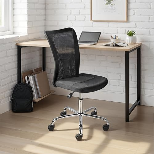 Inter Link - Chaise de Bureau pour Enfant - Fauteuil pivotant Ergonomique - Hauteur réglable - Pied en métal chromé - Revêtement en Maille Respirante - Rotation à 360° - Noir - Bonnie