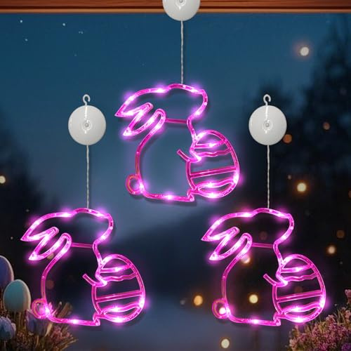 Osterdeko Led Fenster Licht, 3 Stück Osterdeko Led Osterbeleuchtung Osternhase Fensterlichter Batteriebetrieben Lichterkette Ostern mit Saugnäpfe Osternhasen Deko Zum Aufhängen für Draußen Innen (B)