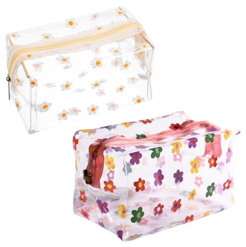 Grande trousse à crayons transparente en PVC transparent avec motif floral hyuna marguerite pour femmes et filles (2 pièces), Noir , Style libre