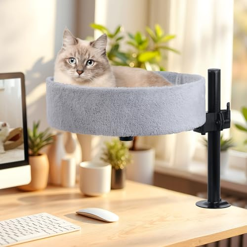 BSWAY Kattbädd för skrivbord – ingen borrning 360° rotation, justerbar höjd, upphöjd kattbädd ovanför skrivbordet (grå, XL)