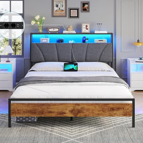 Brinlawb Letto Imbottito 120x200 cm, Struttura letto con Luce LED e Stazione di Ricarica (2 Prese CA 2 Porte USB) Struttura letto con piattaforma in metallo, Facile da montare, Moderno, Nero e Grigio