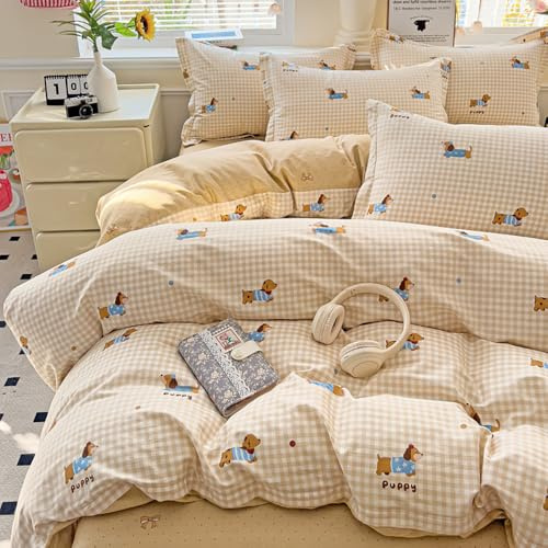 Covebett Housse de Couette 200x200 Beige à Carreaux Vichy Chien Teckel Parure de Lit Adulte 2 Personnes Chien Saucisse Microfibre Linge de lit avec Fermeture Éclair et 2 Taies d'oreiller 65x65cm
