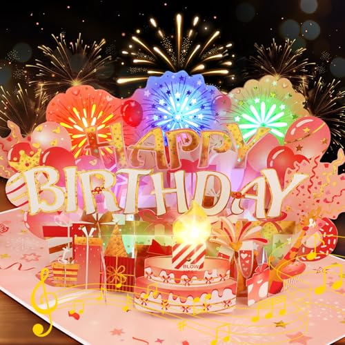 Geburtstagskarte mit Musik und Licht - Pop-Up Musikalische Geburtstagskarten, 3D Happy Birthday Feuerwerk Geburtstagskarte für Mädchen Frau Freundin Mutter Mama Damen Mann