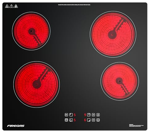 FIREGAS Piano Cottura in Vetroceramica 4 Fuochi da Incasso 59 cm, 6000W, 9 Livelli di Potenza, Controllo Touch, Timer, Blocco Bambini, Cablaggio Fisso Senza Spina