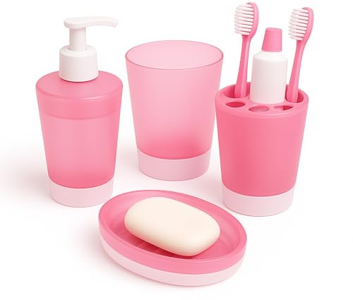 Mypicompany. Set da bagno rosa da 4 pezzi in plastica infrangibile: dispenser sapone bagno, portasapone bagno, bicchiere, portaspazzolini. Set bagno per bambini e adulti. Accessori bagno dal design