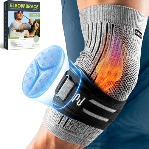 ZOELION Dual-Stütze Ellenbogenbandage mit gezieltem Silikon-Strap & Gel-Pad, Tennisarm Bandage, Ellenbogen Bandagen Herren Damen für Tennisarm, Golferarm, Sehnenentzündung, Sport (Grau, M)