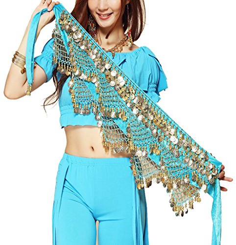Wuchieal Women's Sweet Bellydance Hip Scarf with Gold Coins Skirts Wrap Noisy (One Size, Sky Blue)