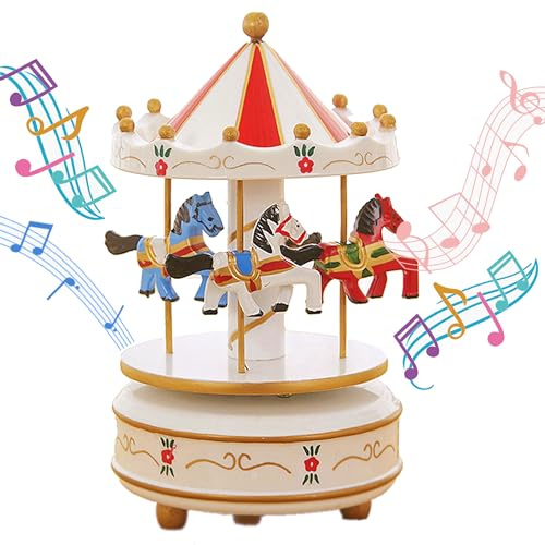 MINGZE Carousel Music Box, Music of Castle in the Sky, 11 Colors, Clockwork Vintage Merry-Go-Round Toy Birthday/Christmas/Decoration/Children Gifts (Flower-white)