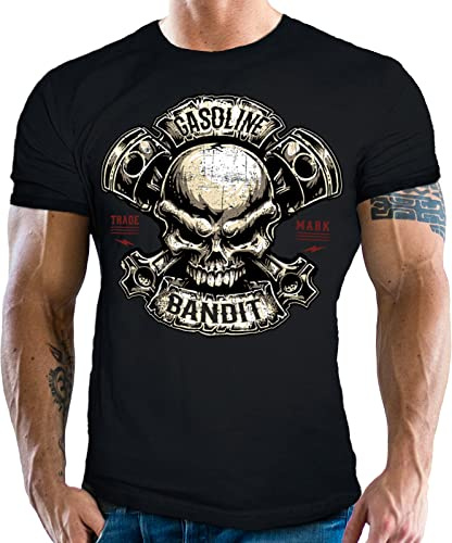 Gasoline Bandit Biker Racer Maglietta con pistoni e teschio, Nero , XL
