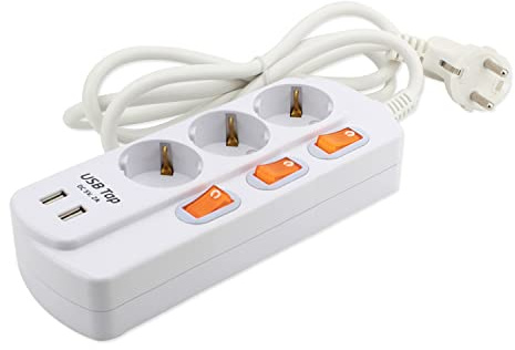 EVOELEC Steckdosenleiste 3 Fach mit 2 USB stecker Einzeln Schaltbar Steckerleiste Überstromschutz Weiß (Steckdosenleiste 3 Fach mit 2 USB)