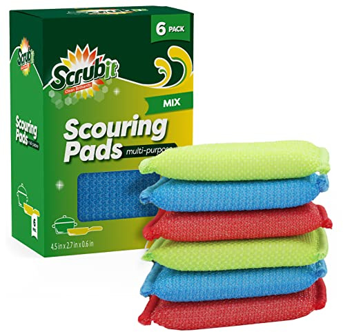 SCRUBIT Multi-Purpose Scouring Pad - Non-Scratch Cleaning Sponges for Pots, Pans, Dishes, Utensils & Non-Stick Cookware - Scrubbing Pads Use for Kitchen, Bathroom - 6 Pack Dish Sponge - (Colored)