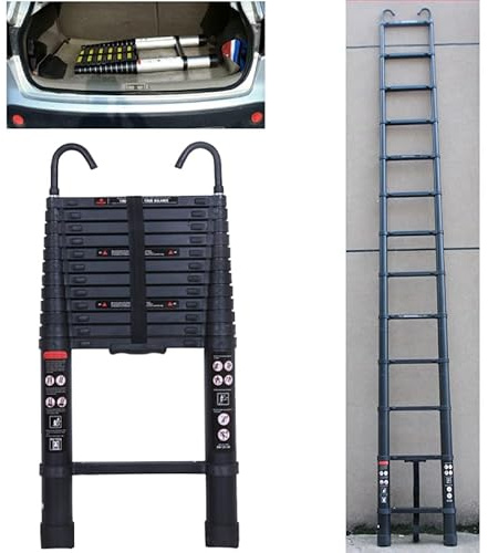 6,2m Teleskopleiter Aluminium Leiter mit 2 Haken, Ausziehbar Ausziehleiter Anlegeleiter mit 15 Sprossen, Mehrzweckleiter Loftleiter 150KG Tragkraft, EN131, Schwarz
