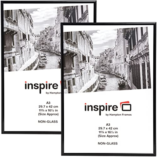 Hampton Frames Backloader Poster Frame Pack of 2 | A3 Size, Black, Acrylic Front, Foil Wrapped Plastic | Drop-In Back, Wall Mount | For Photos, Certificates, Posters
