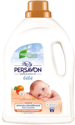 Persavon - Lessive Bébé, à l'Extrait d'Abricot BIO, Hypoallergénique, Peaux Sensibles, Sans Colorant, 33 Lavages - 1500 ml