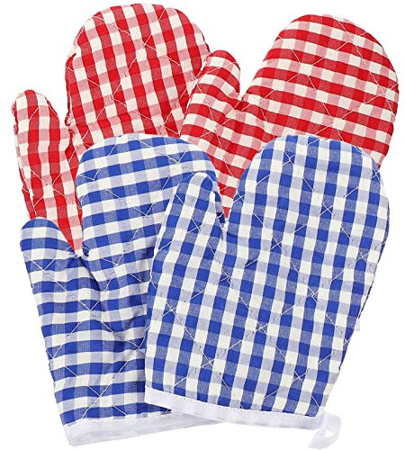 Cabilock Mini Oven Mitts 4pcs Children Microwave Gloves for Kids Play Kitchen Heat Resistant Cooking Mitts Anti Scald Baking Gloves for Boys Girls