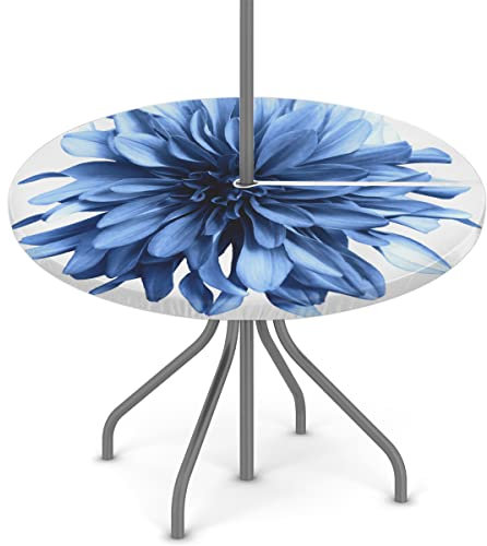 TropicalLife Blumen Dahlien Outdoor Runde Spannbetttuch mit Schirmloch Reißverschluss Blau Blumen Tischdecken Wasserabweisend für Grillabende, Picknick, Party, Terrasse