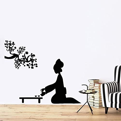 HUANYIN Girls salon de beauté applique murale appliqué vinyle oriental sticker intérieur geisha et cérémonie du thé japonais cerisier en fleurs, 42x35cm